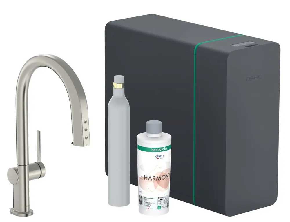 Schwarzer Wassersprudler von Hansgrohe mit Edelstahl-Auszieharmatur, Flasche und Reinigungsmittel. Zubehör für die Zubereitung von Sprudelwasser.